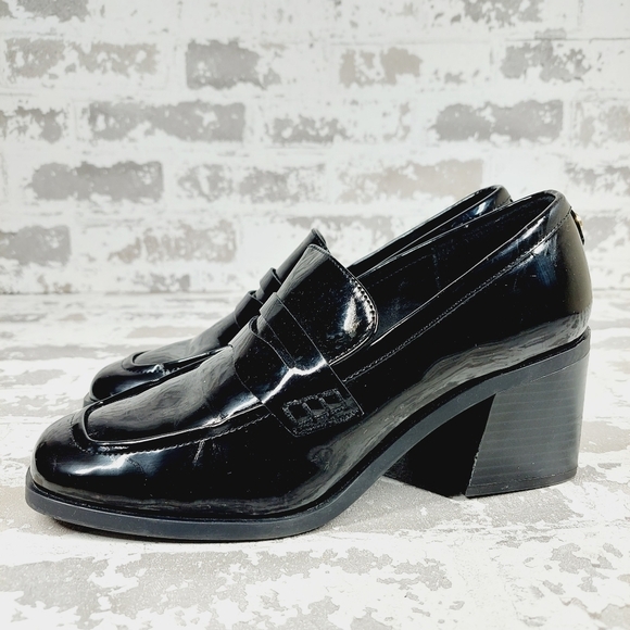 Marc Fisher Women’s Kchris Black Patent Leather Chunky Y2K Heeled Loafers M963 - Picture 1 of 13